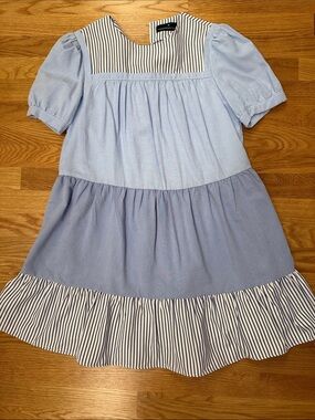 Pomander Place Light Blue Tiered Dress with Navy-White Stripes Tuckernuck
